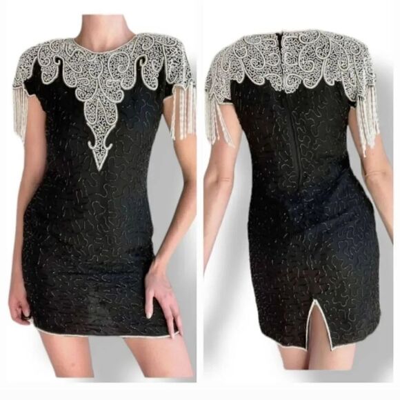 NEW 80s Vintage Lawrence Kazar 100% Silk Beaded and Pearls Evening Gown in Black - Picture 14 of 14